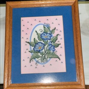 Framed needlework piece - morning glory flowers,  approximately 9” x 11”